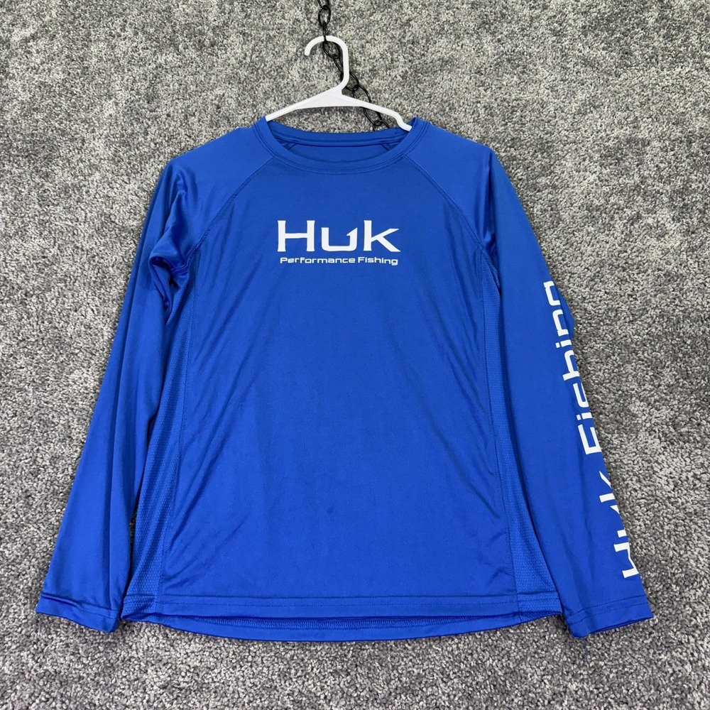 Huk Shirt Kids Large Blue Long Sleeve Crewneck Fishing Performance Logo Outdoor